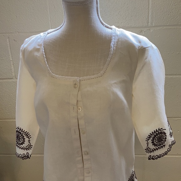 E.col.o.gie Ladies Embroidered Lace edged 100% Linen Button Down Blouse/Jacket - Picture 5 of 9